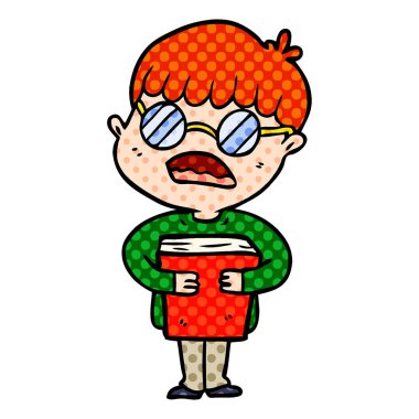 çizgi film çocuk gözlük takıyor kitap sarılma