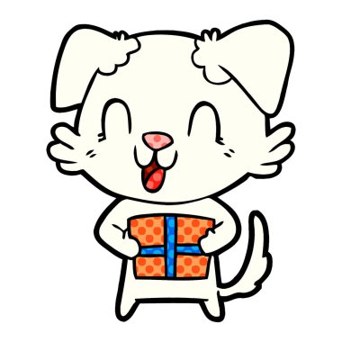 karikatür köpek Noel hediyesi ile gülüyor