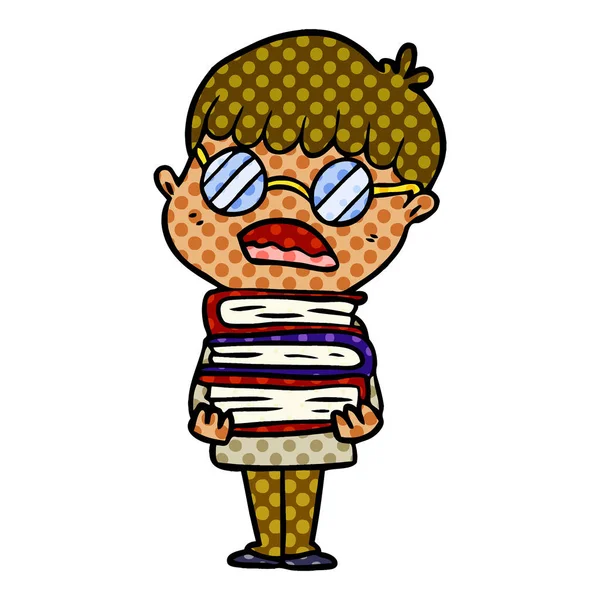 Cartoon Jongen Met Boeken Dragen Van Bril — Stockvector