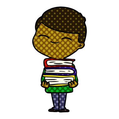 karikatür kitap yığını ile boy gülümseyerek