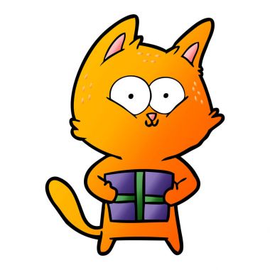 Noel hediyesi holding karikatür kedi