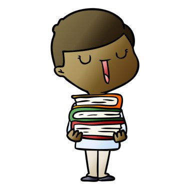 kitap yığını ile karikatür mutlu çocuk
