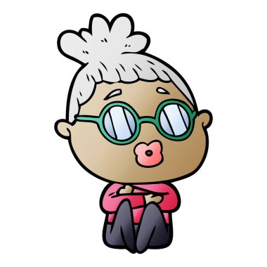 gözlük giyen karikatür oturan kadın