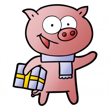 Noel hediye ile neşeli domuz