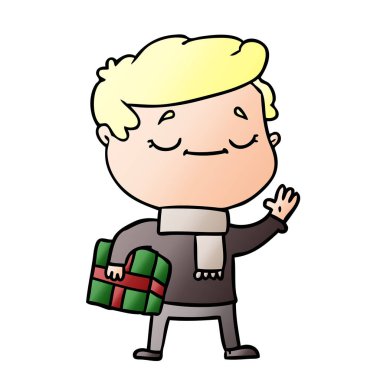 Noel hediyesi sallayarak taşıyan çizgi film adam