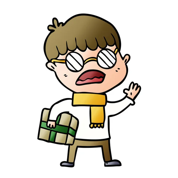 Cartoon Boy Holding Gift Wearing Spectacles — Stock Vector