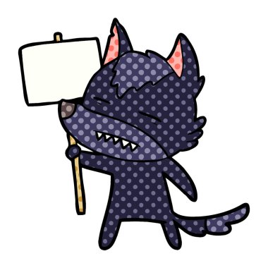 çizgi film kurt diş gösterilen işareti yazı ile