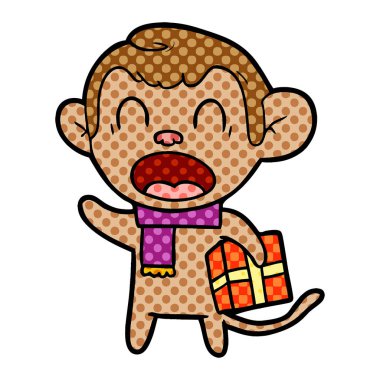 Noel hediyesi taşıyan karikatür maymun bağırarak
