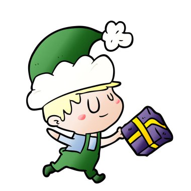 karikatür mutlu Noel elf ile hediye