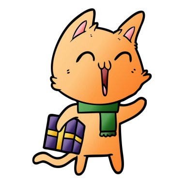 Noel hediye ile mutlu karikatür kedi