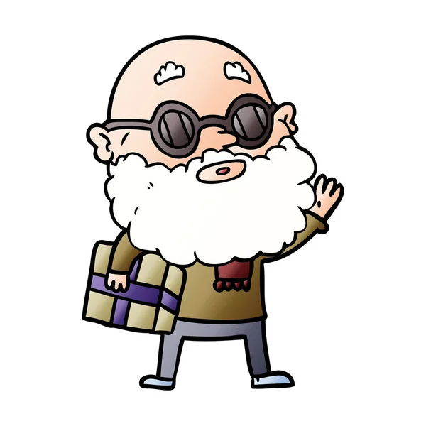 Desenho Animado Curioso Homem Com Óculos Sol Barba Presente — Vetor de Stock