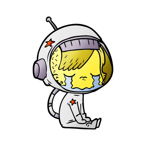 Kreslený Plačící Astronaut Dívka Sedící — Stockový vektor