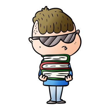 çizgi film çocuk kitap yığını ile güneş gözlüğü takıyor