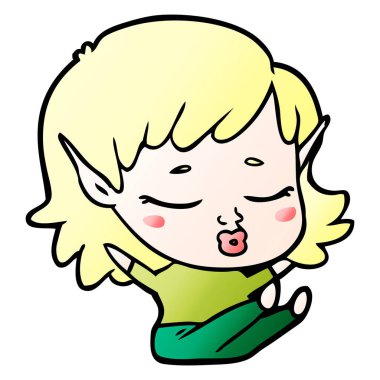 oturan güzel karikatür elf kızı