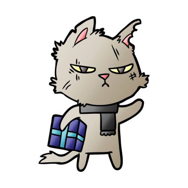 Noel hediyesi ile zor karikatür kedi