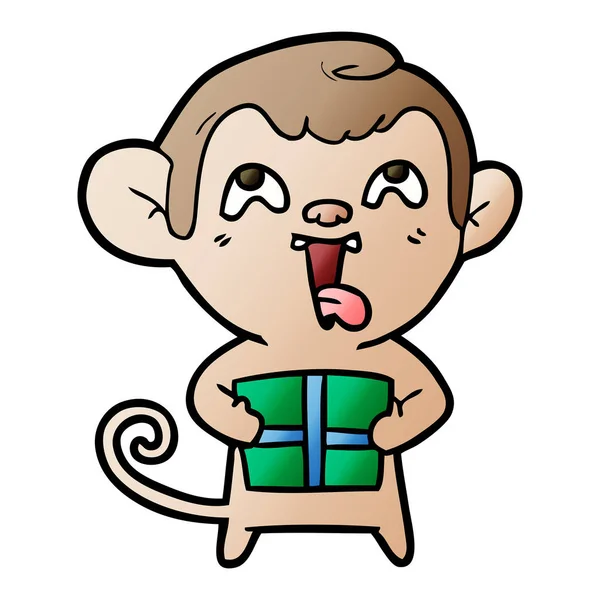 Pazzo Scimmia Cartone Animato Con Regalo Natale — Vettoriale Stock