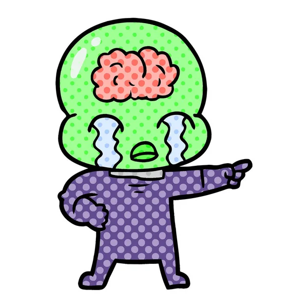Desenho Animado Grande Cérebro Alienígena Chorando Apontando —  Vetores de Stock