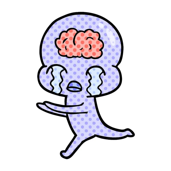 Cartoon Big Brain Alien Crying — Stock Vector