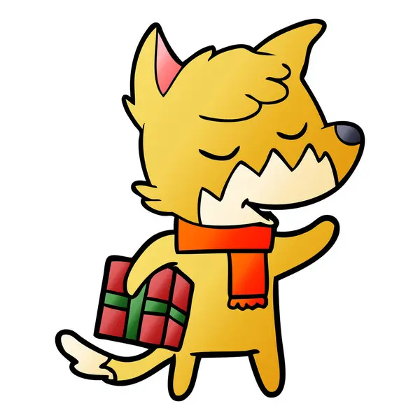 Fox Přátelské Kreslený Vánoční Dárek — Stockový vektor