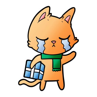 Noel hediyesi tutan ağlayan karikatür kedi