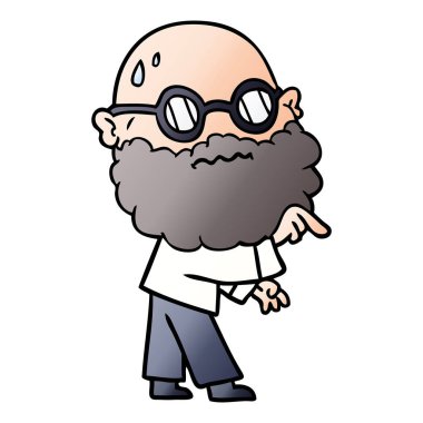 Sakal ve gözlük parmak işaret endişeli adam çizgi film