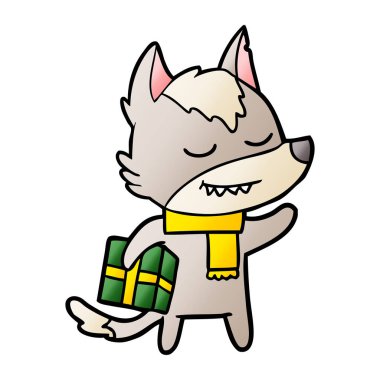 Noel hediyesi taşıyan dostu karikatür kurt