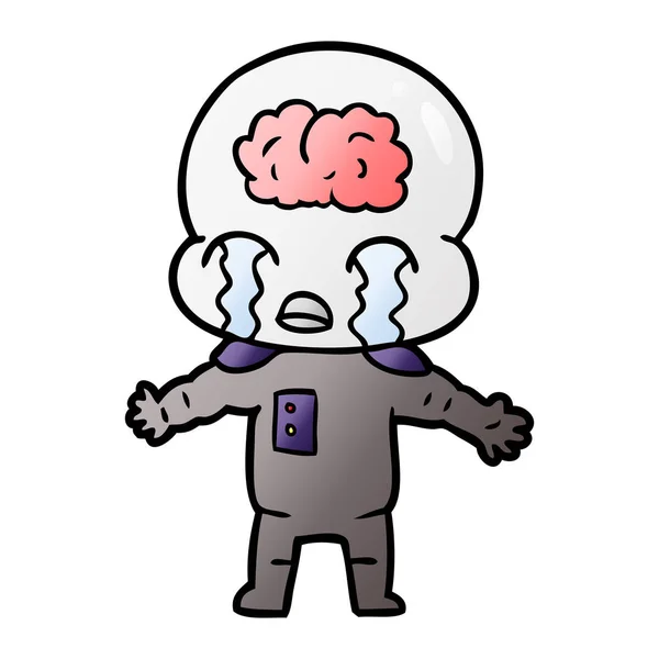 Cartoon Big Brain Alien Crying — Stock Vector