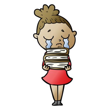 karikatür kitap yığını ile ağlayan kadın