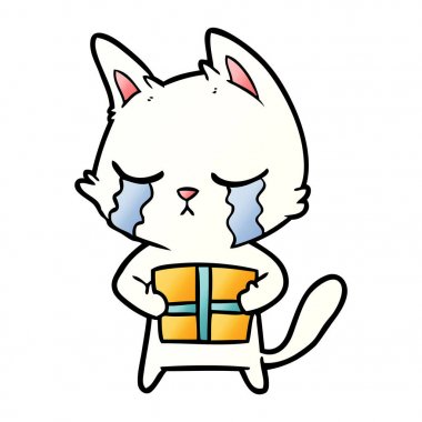 Noel hediyesi tutan ağlayan karikatür kedi