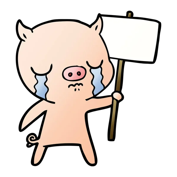 Dessin Animé Pleurant Porc Avec Poteau Signe — Image vectorielle