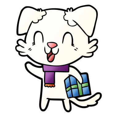 karikatür köpek Noel hediyesi ile gülüyor