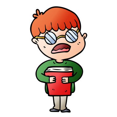 çizgi film çocuk gözlük takıyor kitap sarılma