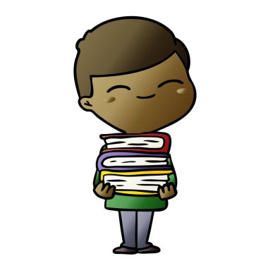 karikatür kitap yığını ile boy gülümseyerek