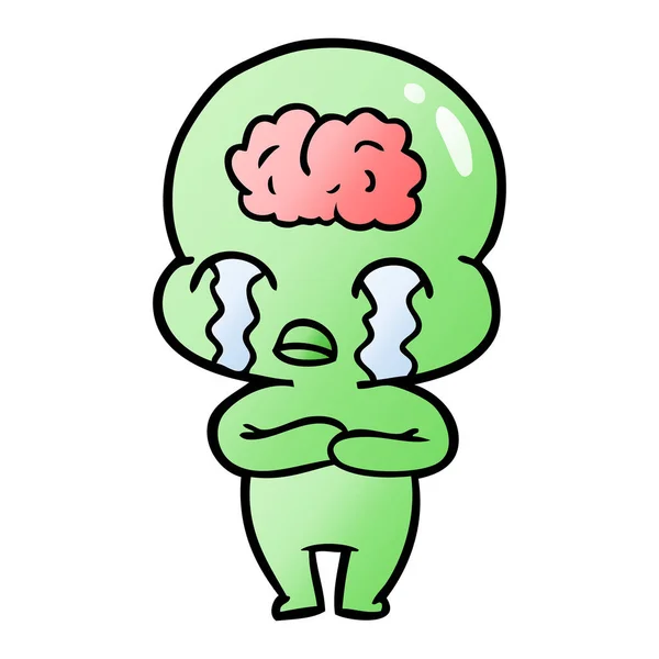 Cartoon Big Brain Alien Crying — Stock Vector