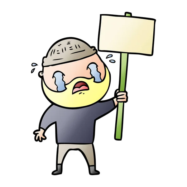 Cartoon Skäggiga Demonstrant Gråt — Stock vektor