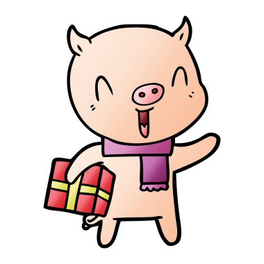 xmas hediye ile mutlu karikatür domuz