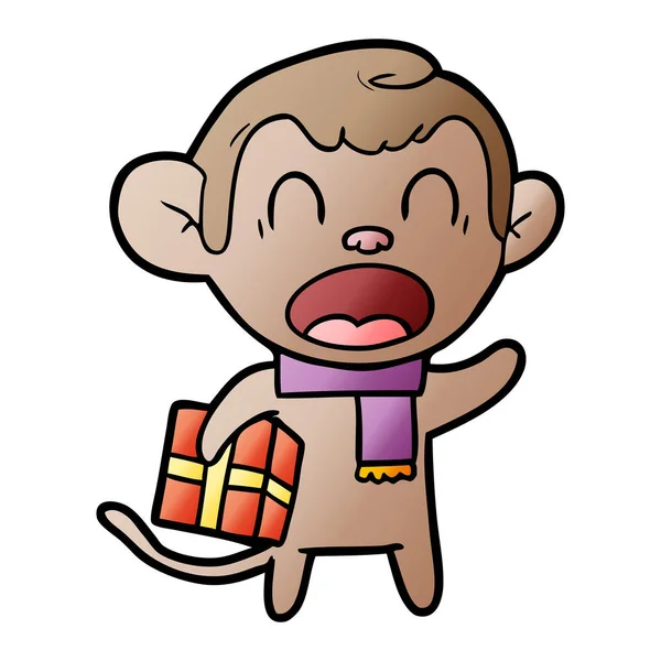 Gritando Mono Dibujos Animados Llevando Regalo Navidad — Vector de stock