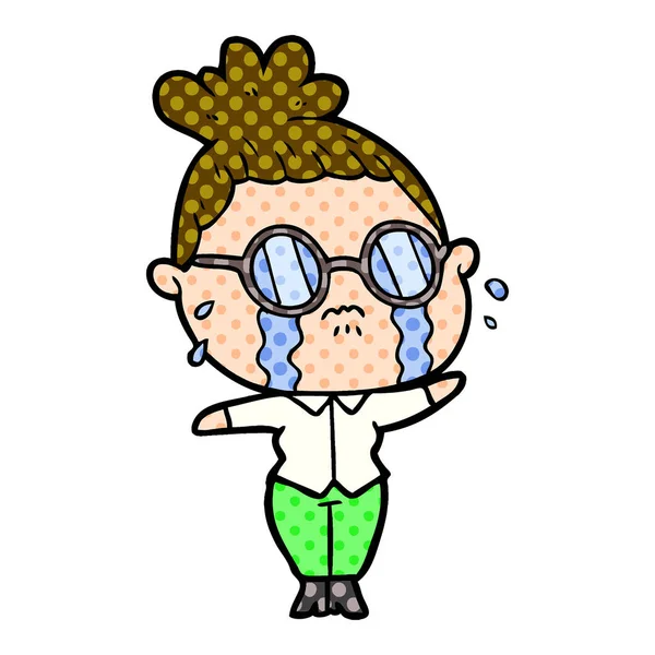 眼鏡を着て泣いている女性を漫画します — ストックベクタ
