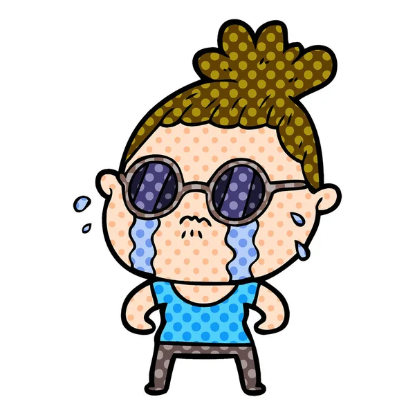 Dibujos Animados Llorando Mujer Usando Gafas Sol — Vector de stock