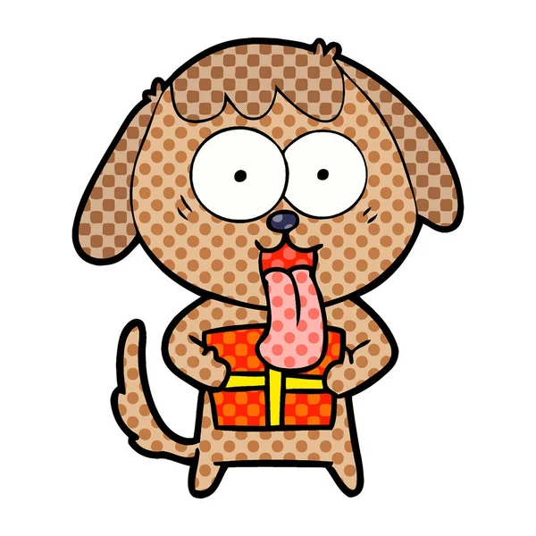Bonito Desenho Animado Cão Com Presente Natal —  Vetores de Stock