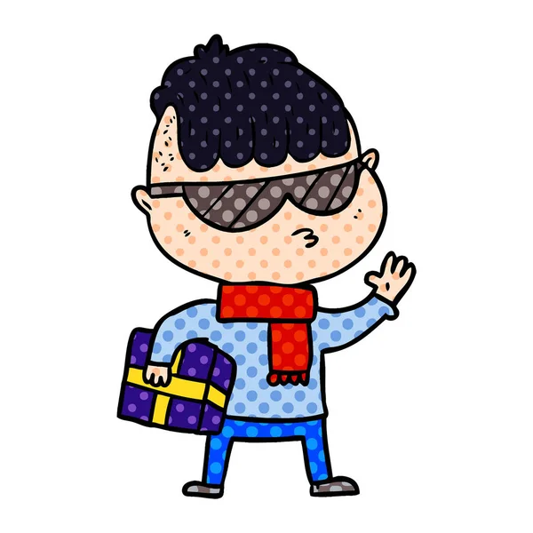 Cartoon Boy Wearing Sunglasses Carrying Xmas Gift — Stock Vector