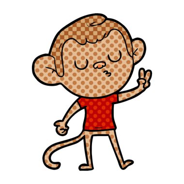 Vektör çizim karikatür t-shirt gösteren barış üzerinde beyaz izole işareti şüpheli maymun