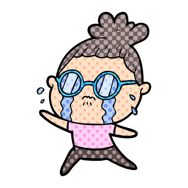 Dibujos Animados Llorando Mujer Usando Gafas — Vector de stock