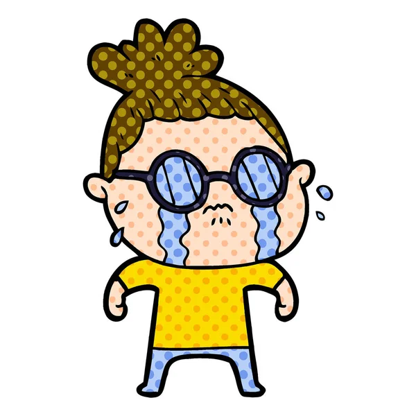 Cartoon Crying Woman Wearing Spectacles — Stock Vector