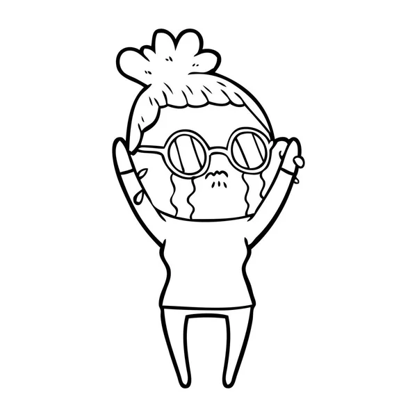 Dibujos Animados Llorando Mujer Usando Gafas — Vector de stock