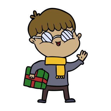 çizgi film çocuk hediye taşıyan gözlük takıyor