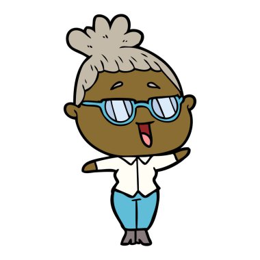 karikatür mutlu kadın gözlük takıyor