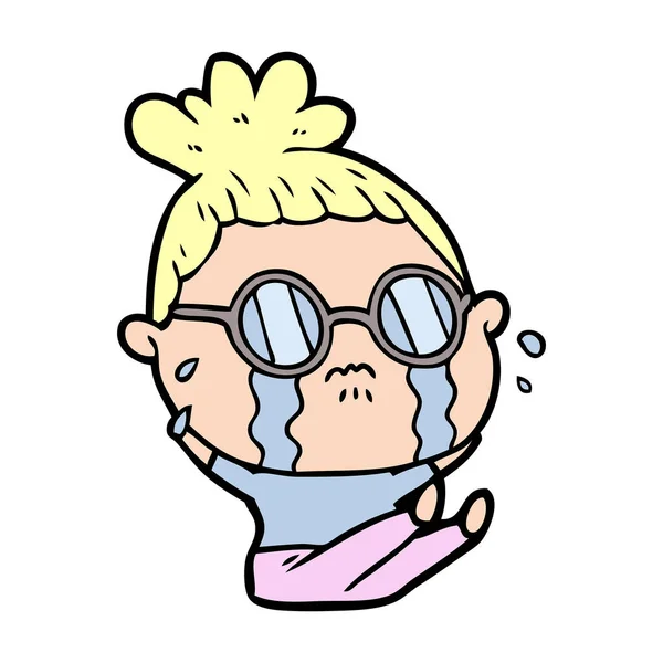 Dibujos Animados Llorando Mujer Usando Gafas — Vector de stock