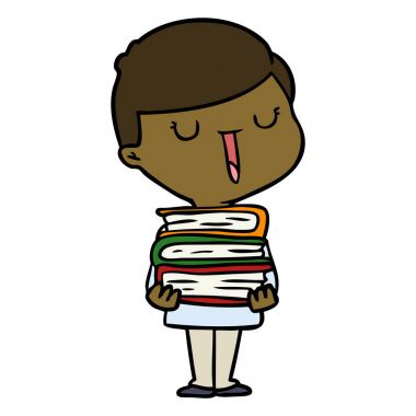 kitap yığını ile karikatür mutlu çocuk
