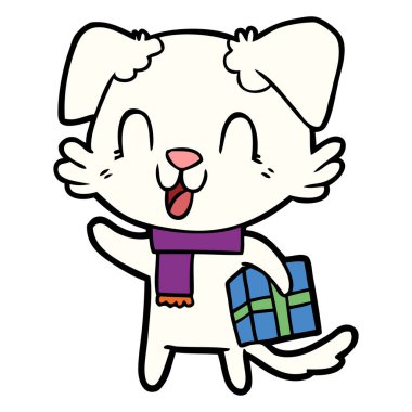 karikatür köpek Noel hediyesi ile gülüyor